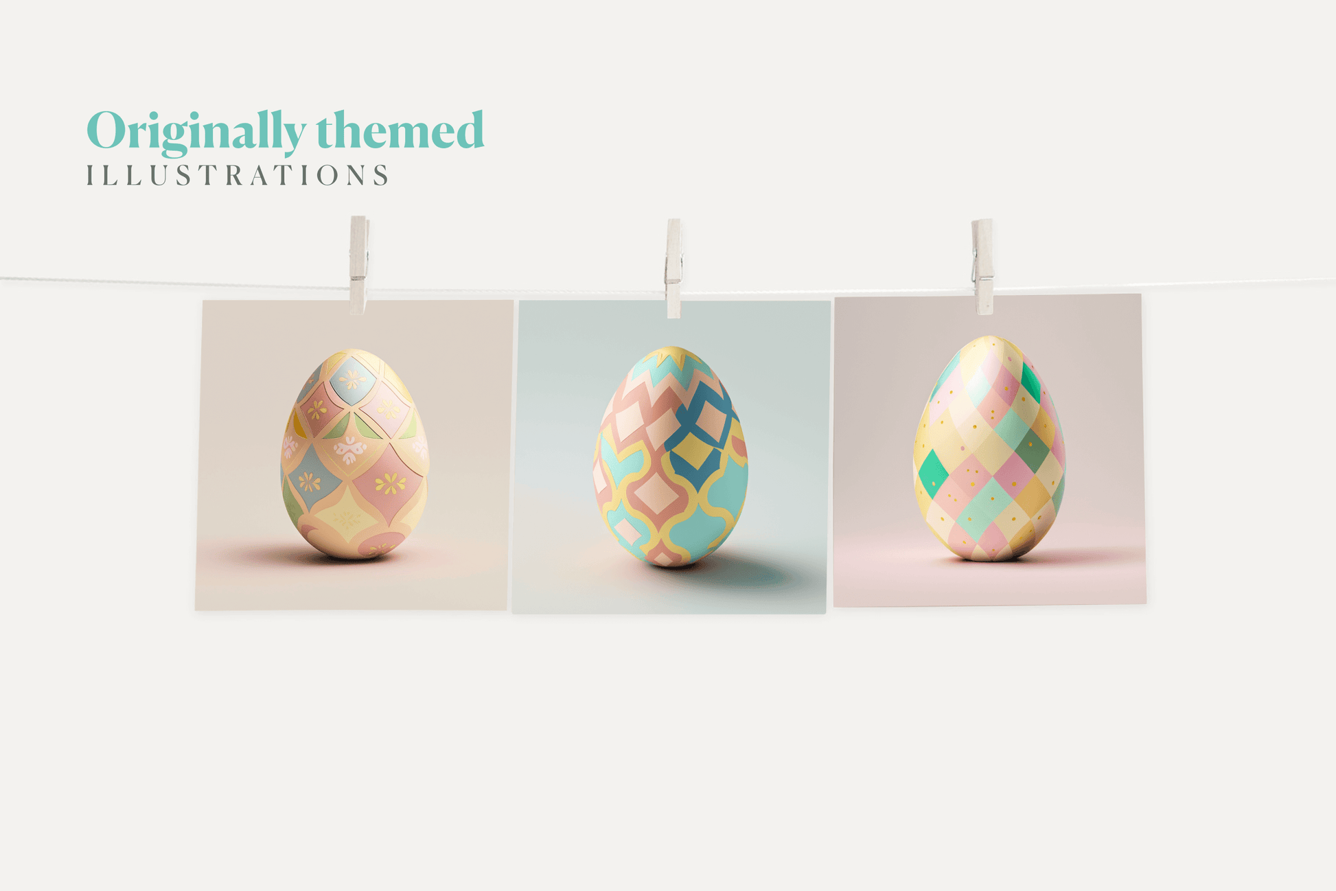 Hanging polaroid photographs of beautifully decorated easter eggs with minimalist patterns