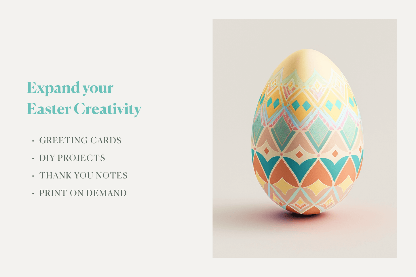 Cutout photograph of an Easter egg decorated with a geometric pattens and primary pastel colour hues.