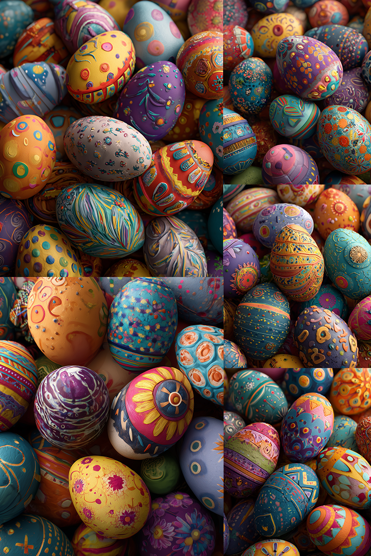 Collage of colorful Easter eggs with various patterns