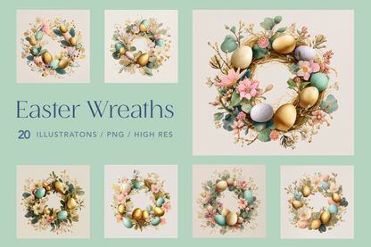 Set of Easter wreaths illustrations on a light green background