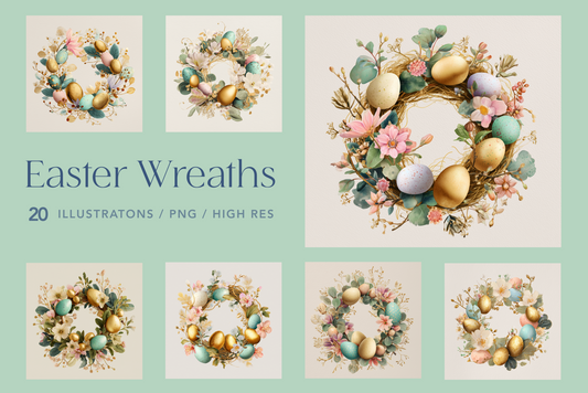Set of Easter wreaths illustrations on a light green background