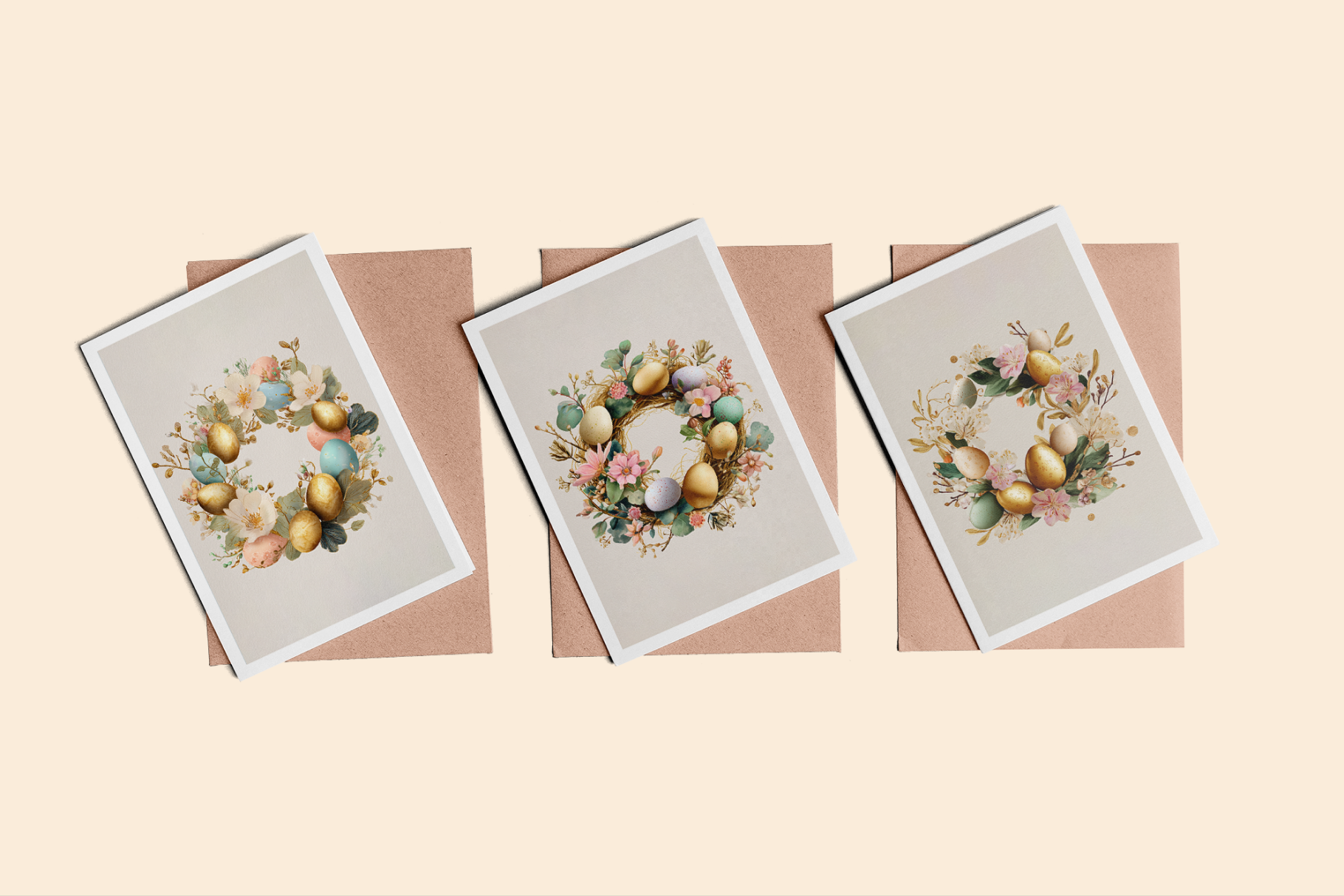 Three Easter-themed greeting cards with wreath designs on a beige background