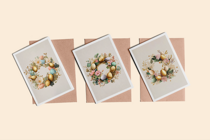 Three Easter-themed greeting cards with wreath designs on a beige background