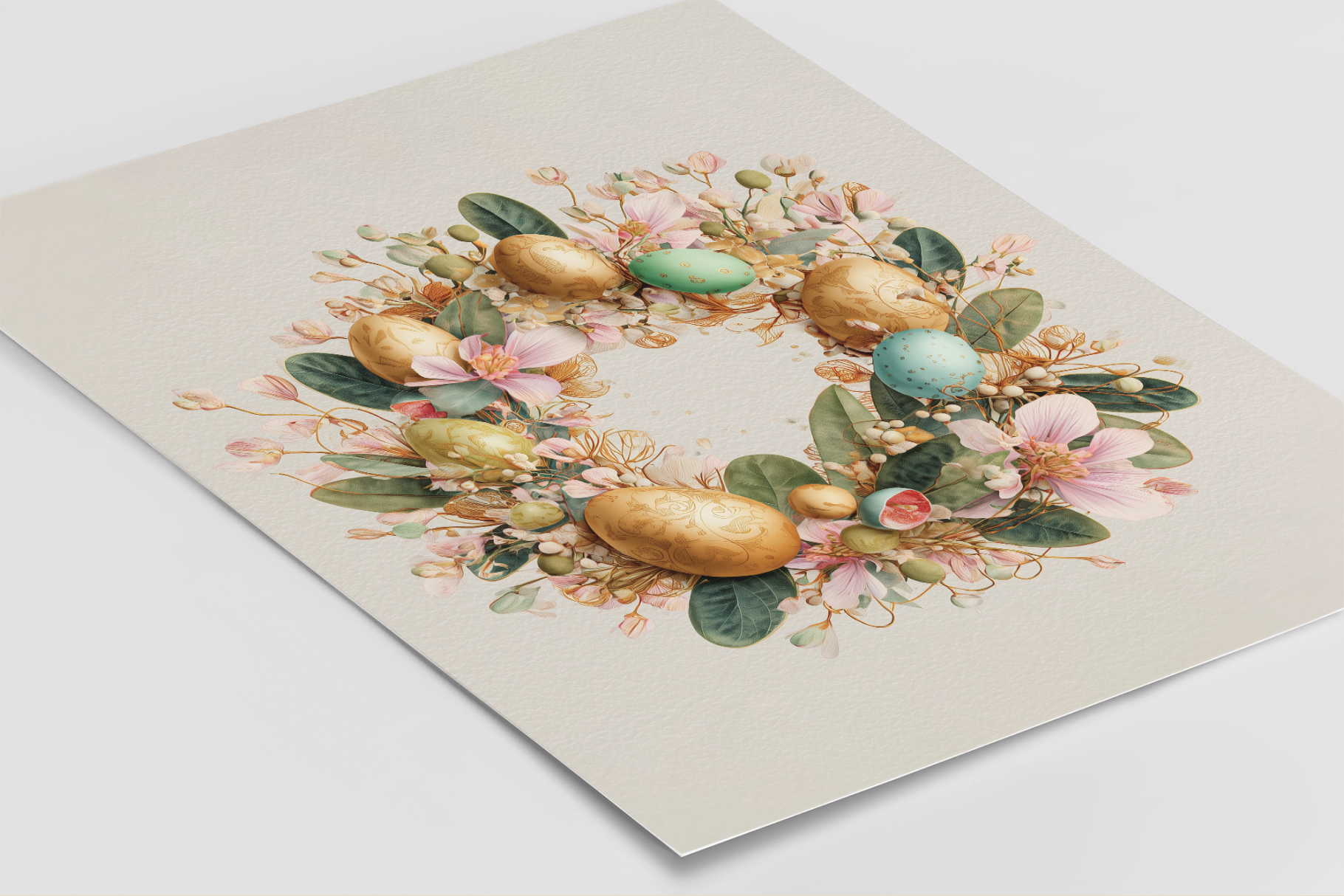 Decorative paper with a floral wreath design featuring Easter eggs on a white background.