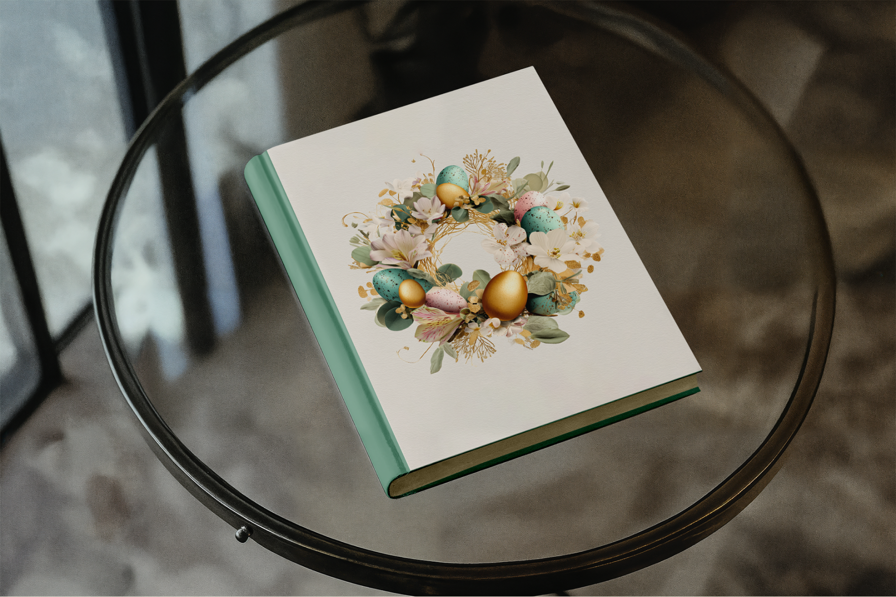 Book with Easter design on a glass table