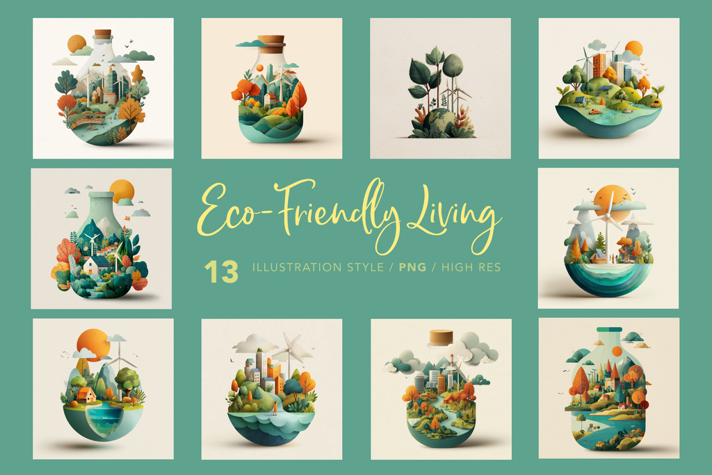Collection of eco-friendly living illustrations with a teal background