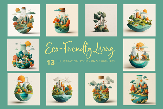 Collection of eco-friendly living illustrations with a teal background