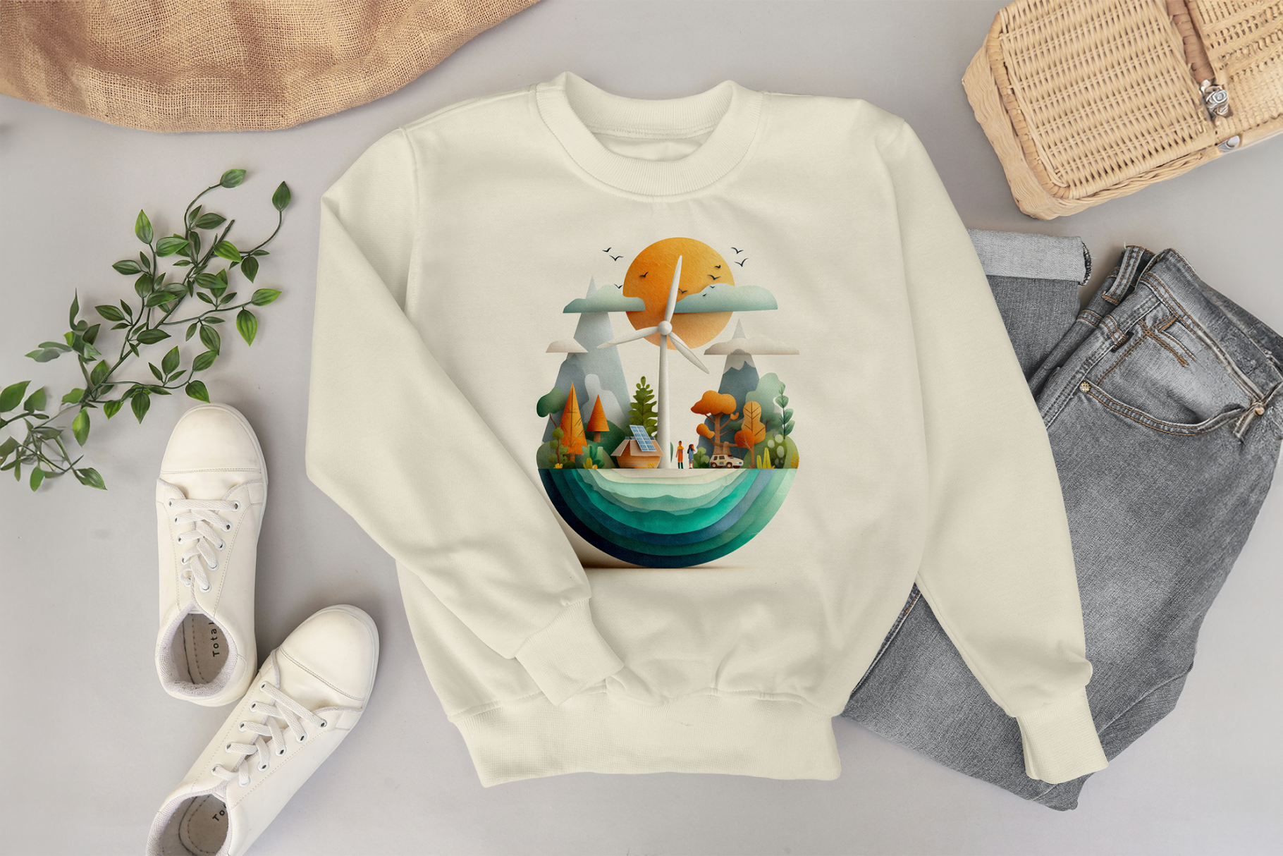 Sweatshirt with a nature-themed design on a gray surface with shoes and jeans.