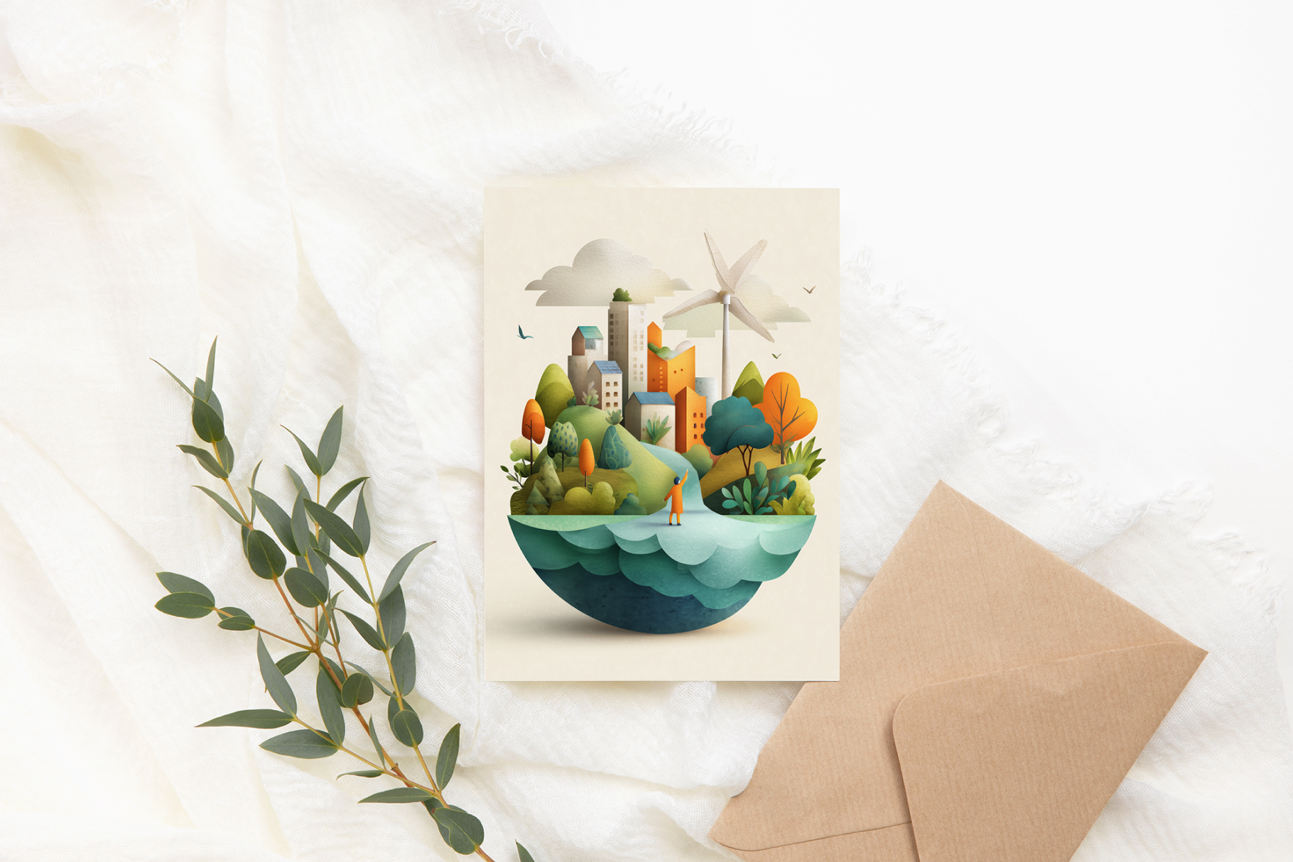 Greeting card with a colorful illustration of a cityscape on a white surface with a brown envelope and green leaves.