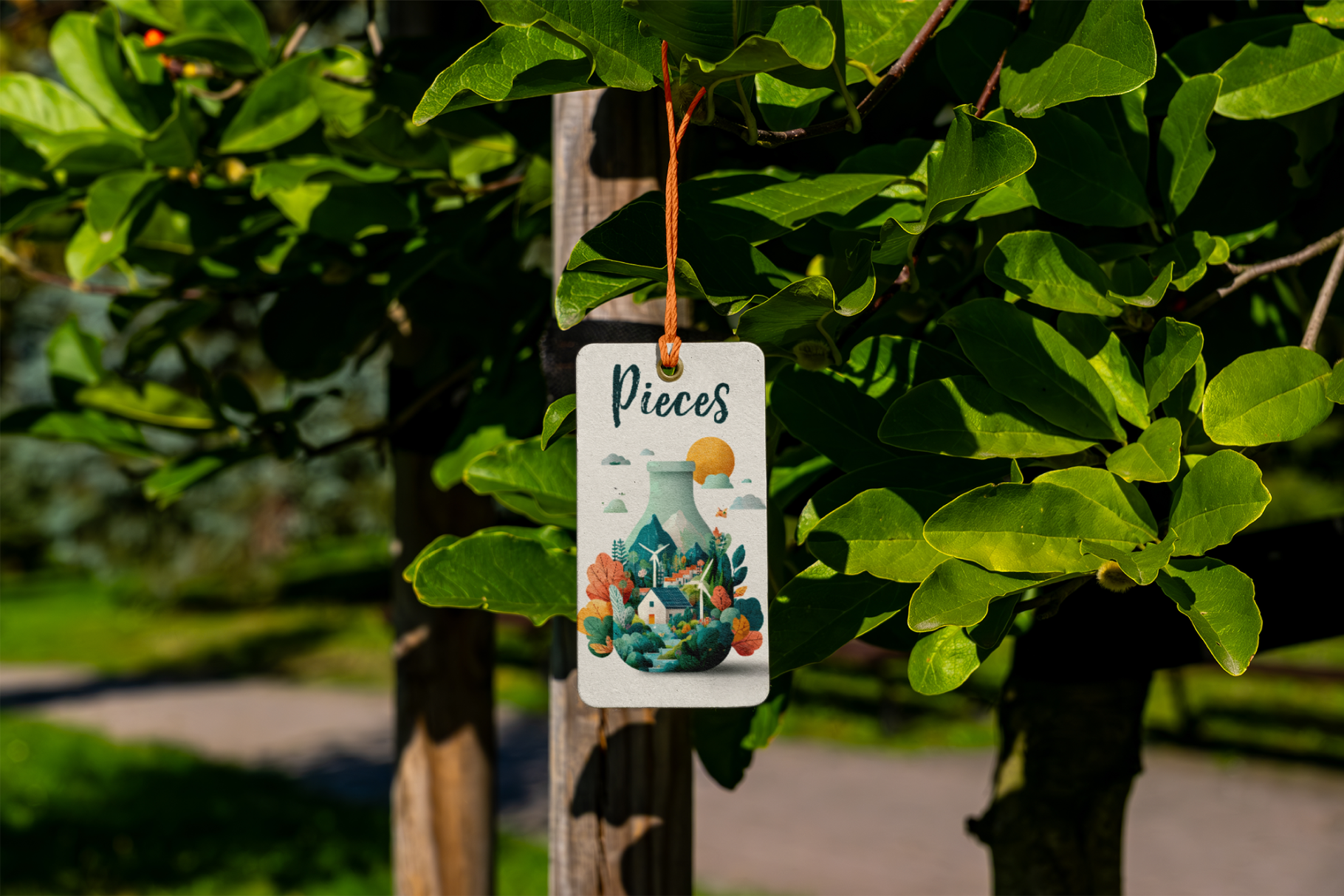 Decorative tag with 'Pieces' design hanging from a tree