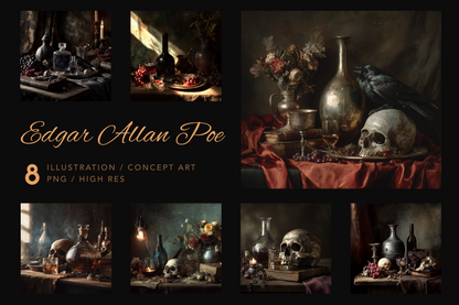 Collage of still life illustrations with skulls and bottles, inspired by Edgar Allan Poe, on a dark background.