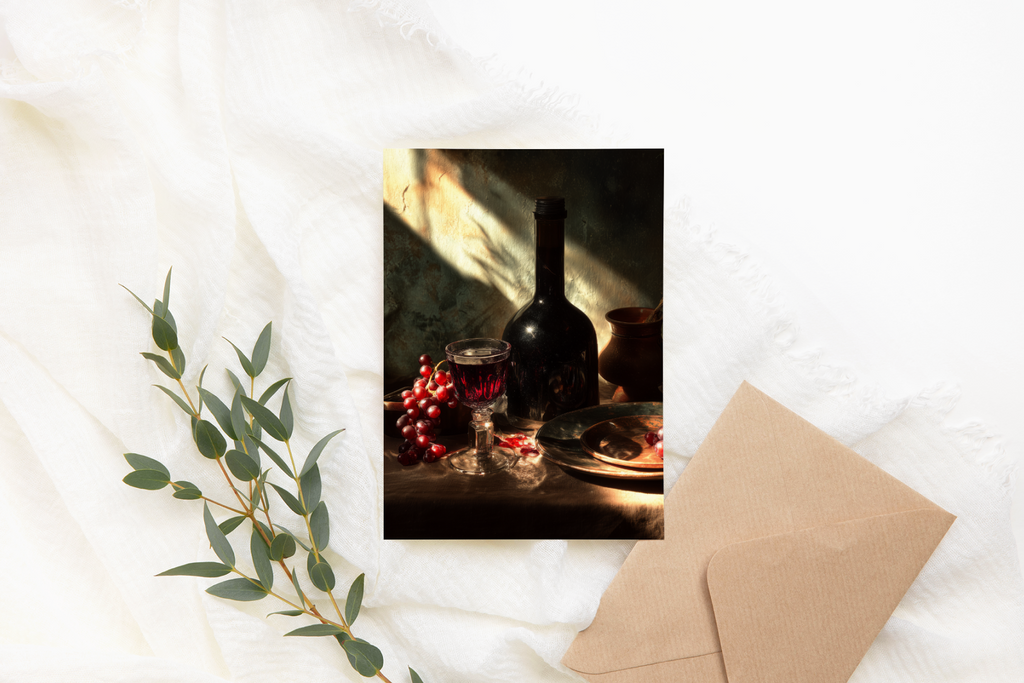 Framed artwork of a bottle and glass on a textured surface with a card and eucalyptus branch.