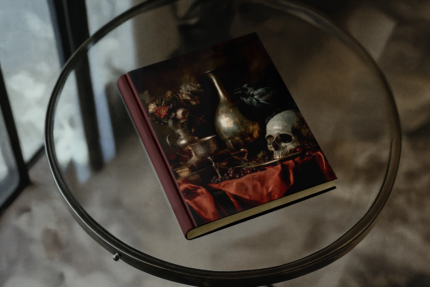 Book with a dark cover featuring a skull and other objects on a glass table.