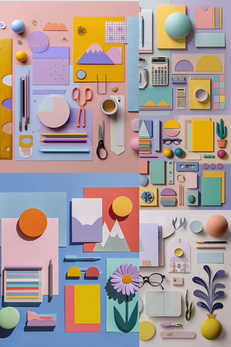 A colorful flat-lay arrangement of stationery and craft supplies on a pastel background, including paper sheets, pencils, scissors, rulers, markers, notebooks, glasses, and small decorative objects in pink, yellow, blue, purple, and green.