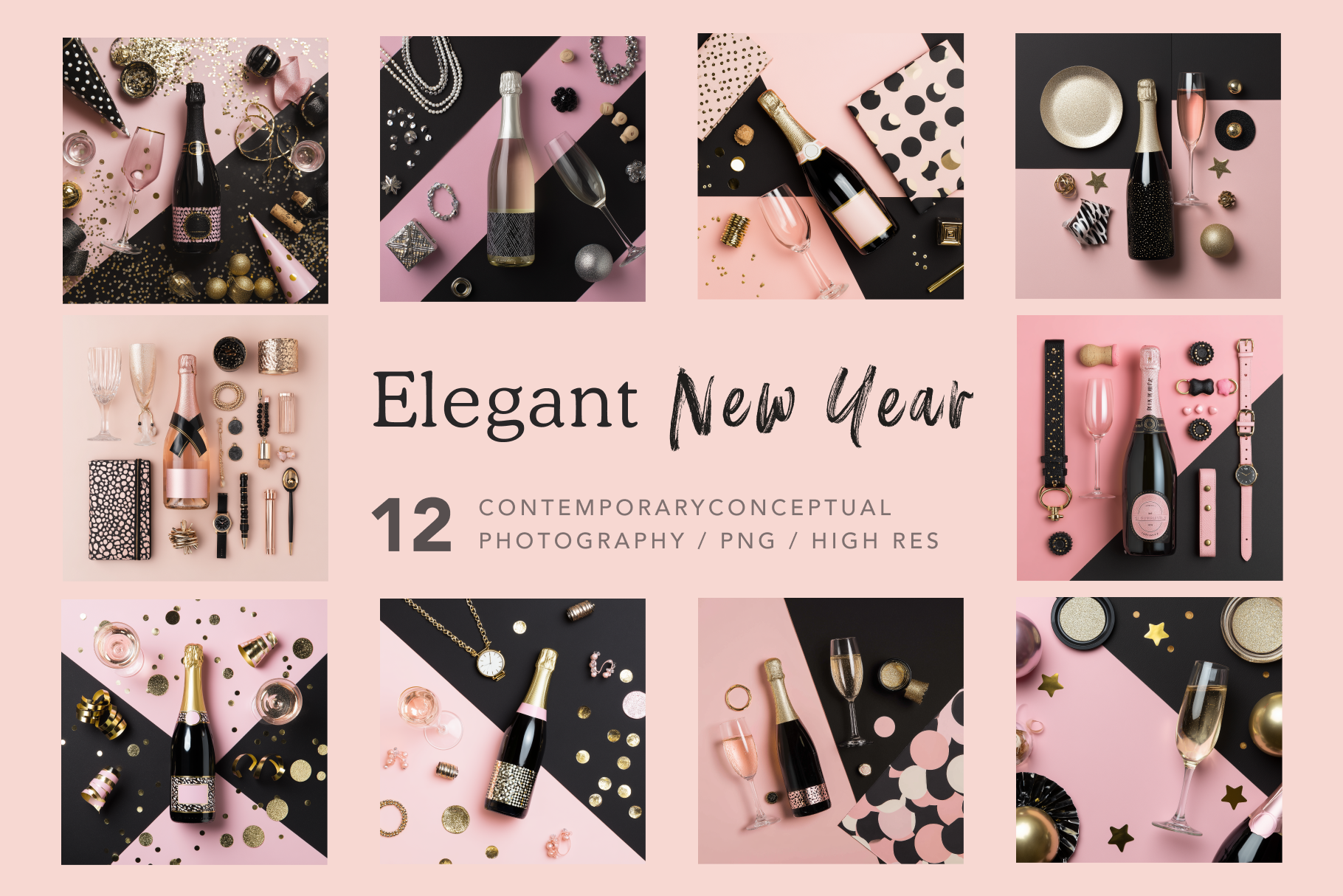 Collage of elegant New Year-themed images with champagne bottles and decorative items on a pink and black background.