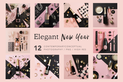 Collage of elegant New Year-themed images with champagne bottles and decorative items on a pink and black background.