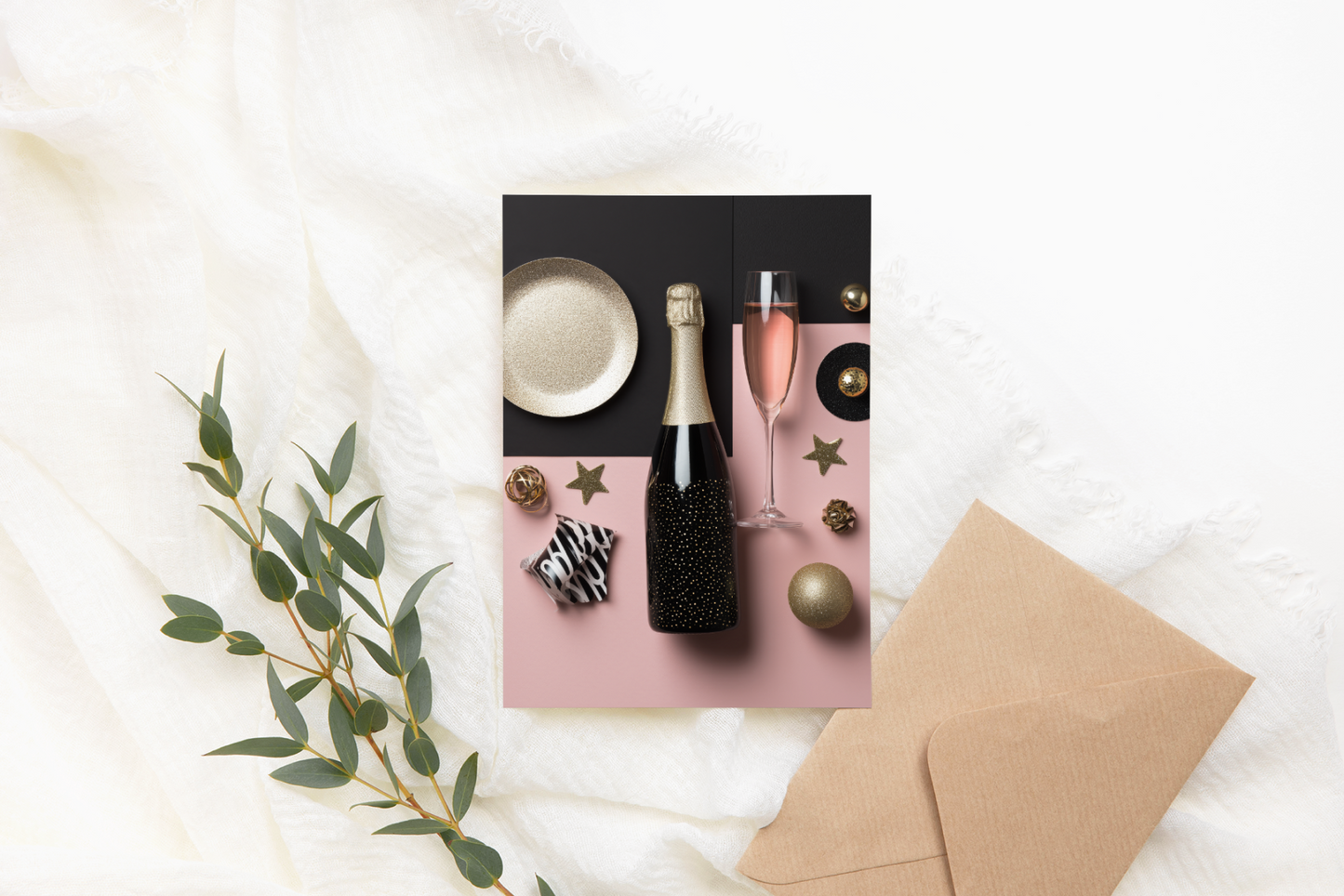 Greeting card with champagne bottle and glasses on a pink background, surrounded by greenery and an envelope.