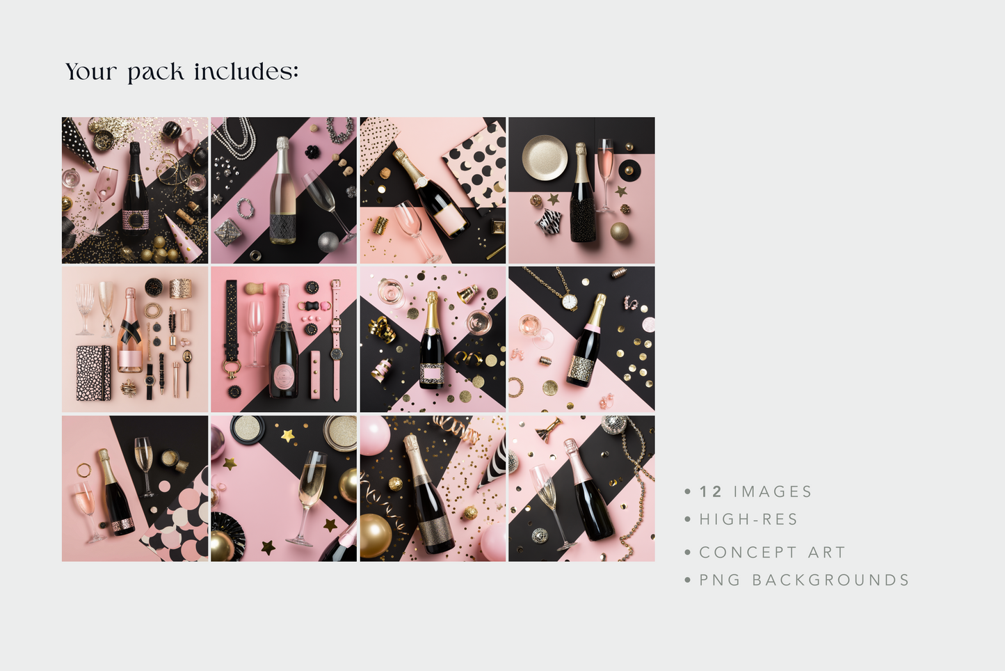 Promotional image of a product pack with champagne bottles and decorative items on pink and black backgrounds.