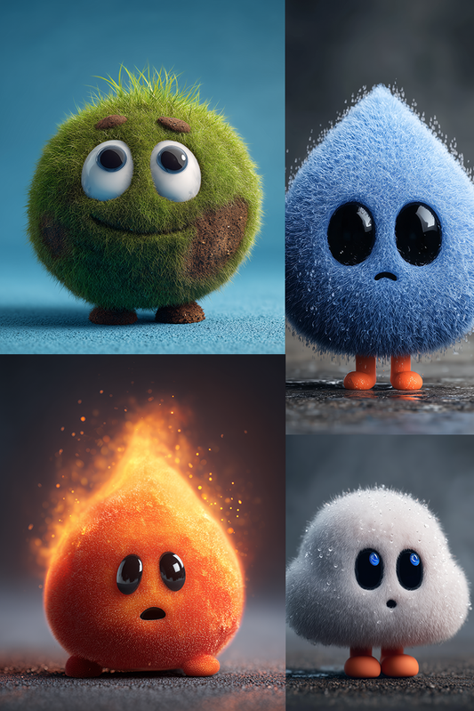 Four colorful, fluffy characters resembling a green plant, blue droplet, orange flame, and white ghost on a dark background.