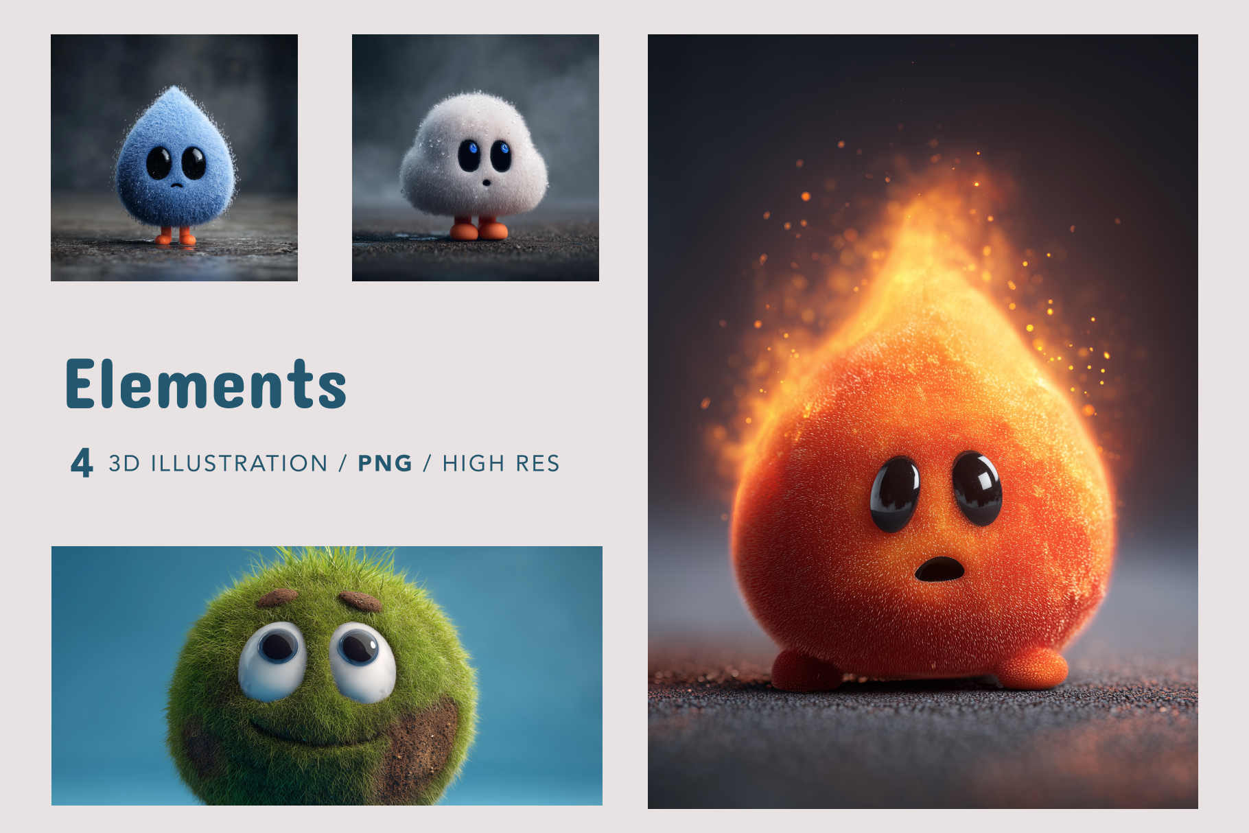 Set of 4 3D illustrated elements with different textures and colors on a gray background.