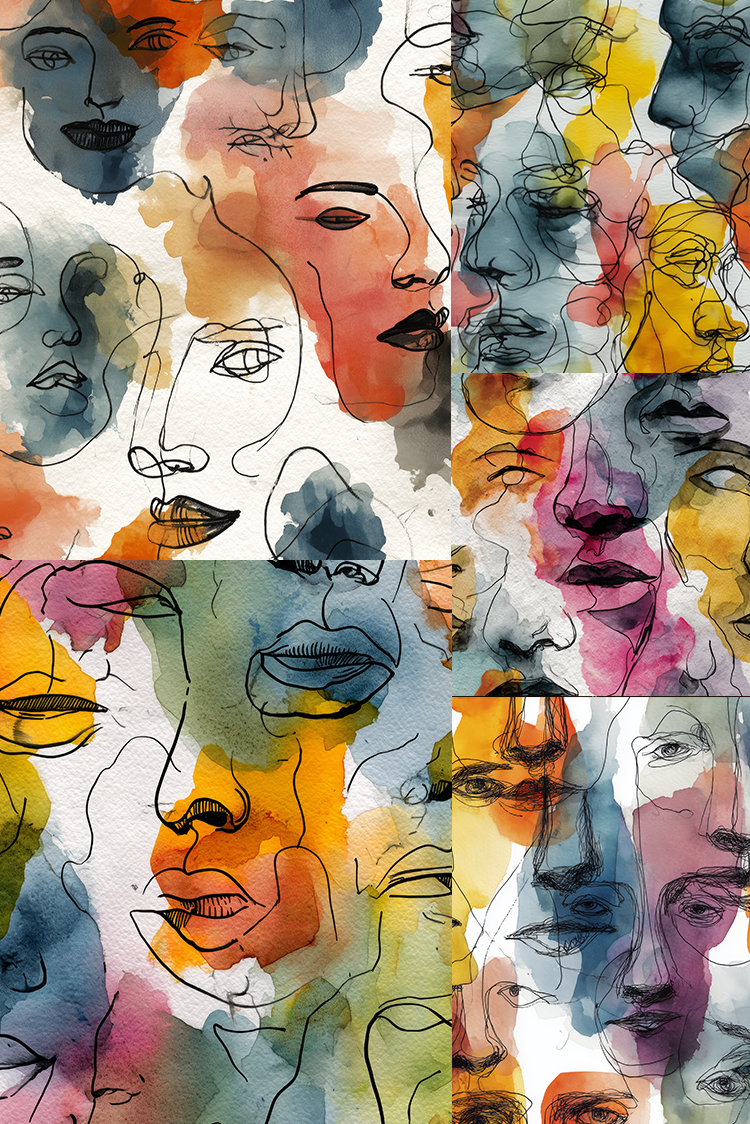 Abstract watercolor art print featuring overlapping stylized human faces and lips in multiple colors including blue, orange, yellow, pink, purple, and green on a white background.