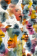 Abstract watercolor art print featuring overlapping stylized human faces and lips in multiple colors including blue, orange, yellow, pink, purple, and green on a white background.