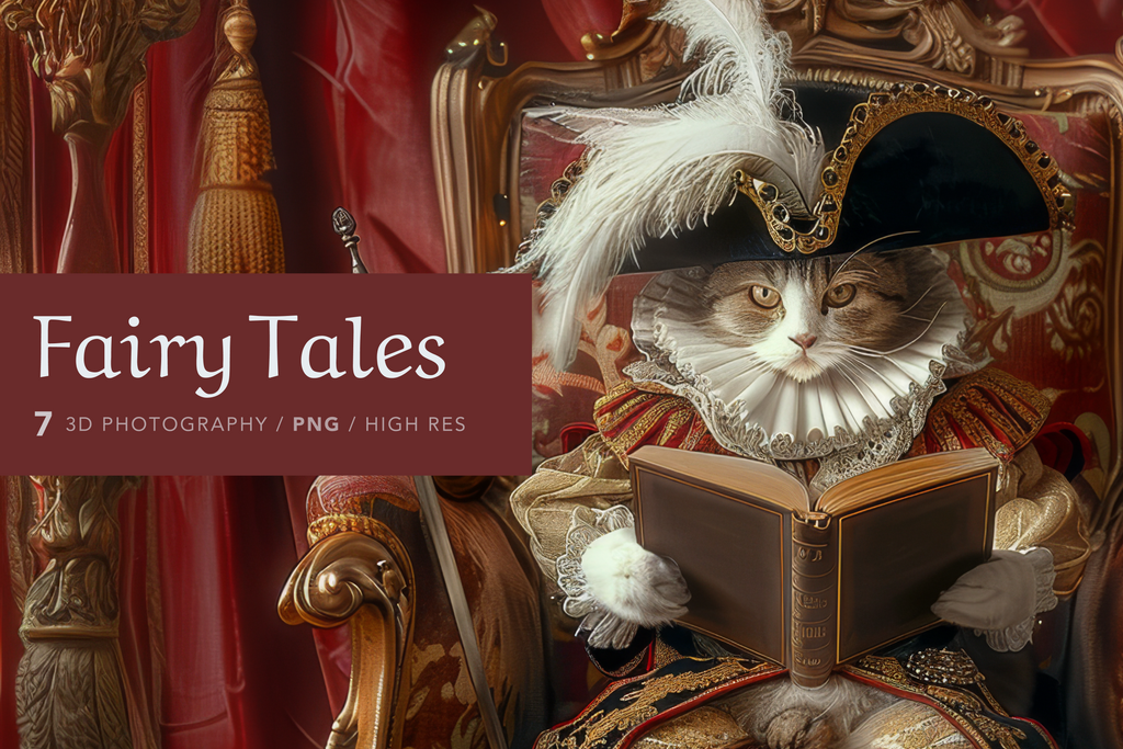A digital image depicting a cat dressed in a costume resembling a character from a fairy tale, sitting and reading a book.