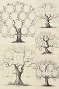 Collection of family tree illustrations with blank circles for photos on a beige background.