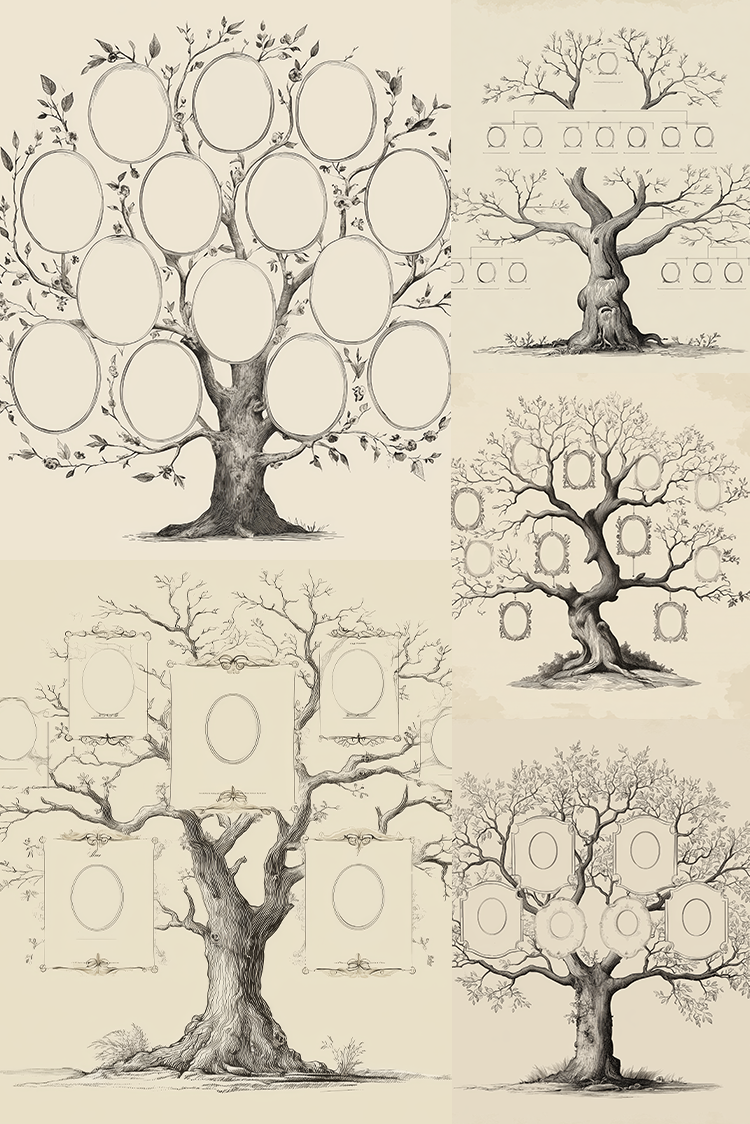 Collection of family tree illustrations with blank circles for photos on a beige background.