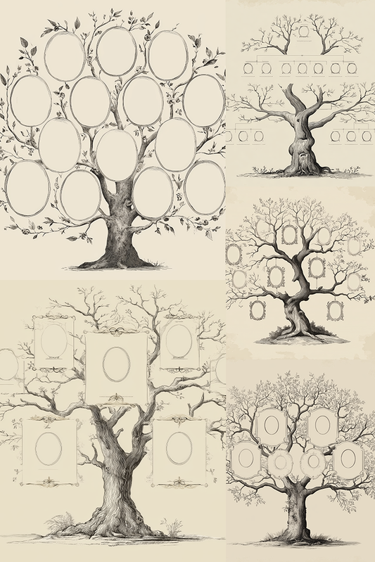 Collection of family tree illustrations with blank circles for photos on a beige background.
