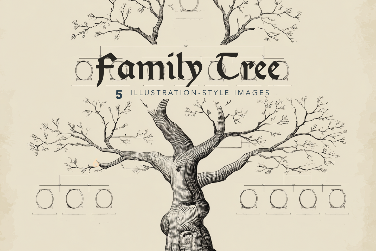 Illustration of a family tree with branches and labels on a beige background