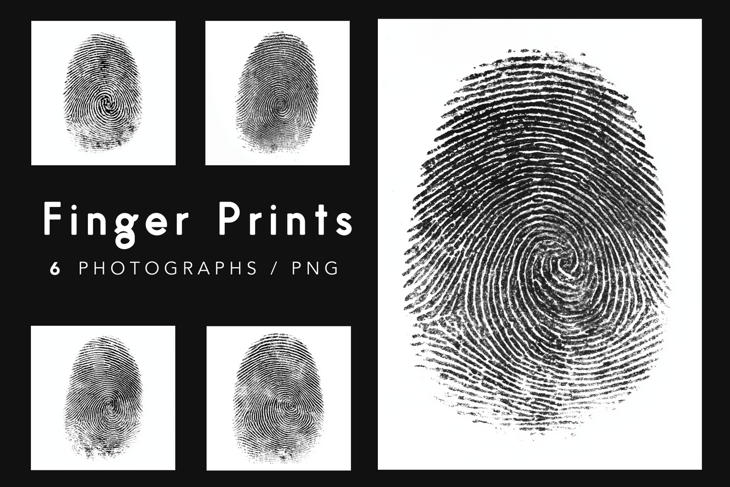 Set of fingerprint images with text indicating 'Finger Prints' and '6 Photographs / PNG'.