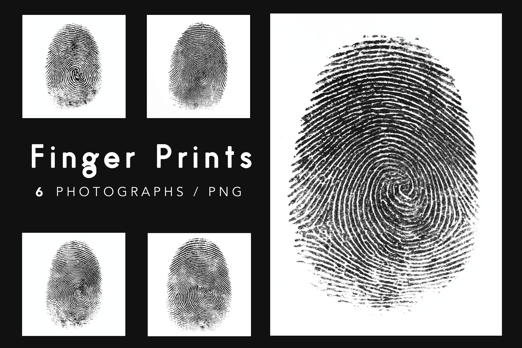 Set of fingerprint images with text indicating 'Finger Prints' and '6 Photographs / PNG'.