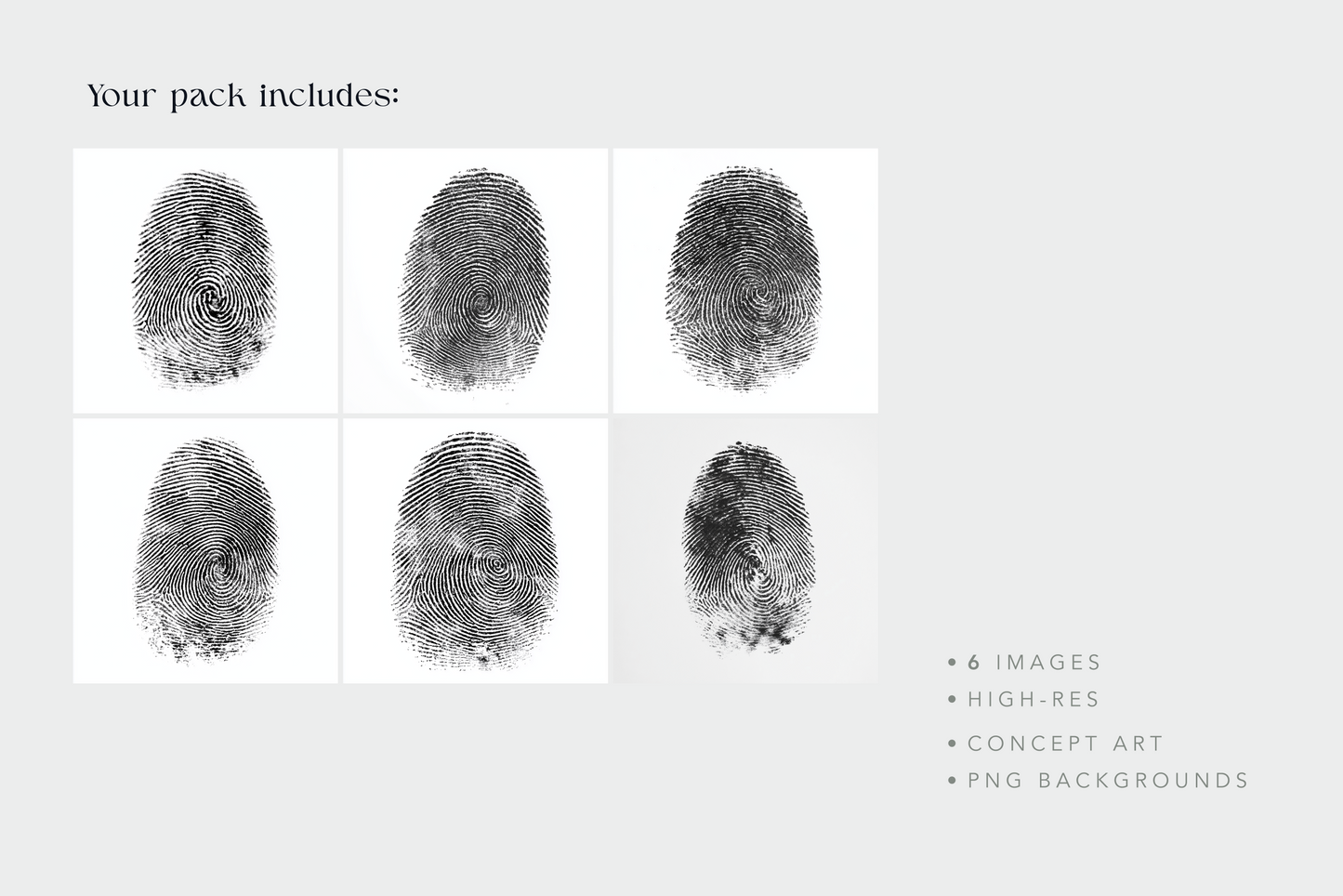 Six fingerprint images on a white background with text indicating pack contents.