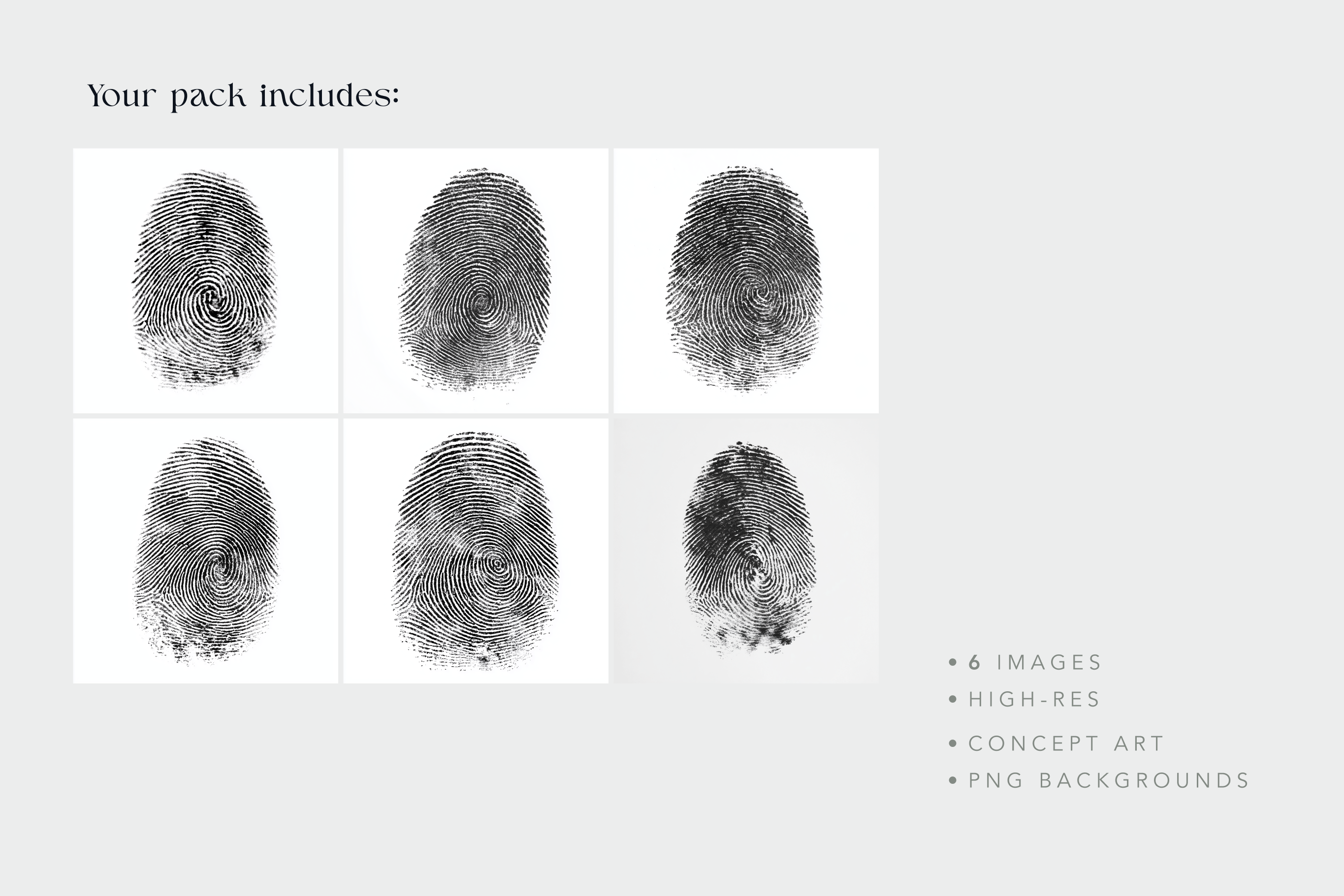 Six fingerprint images on a white background with text indicating pack contents.