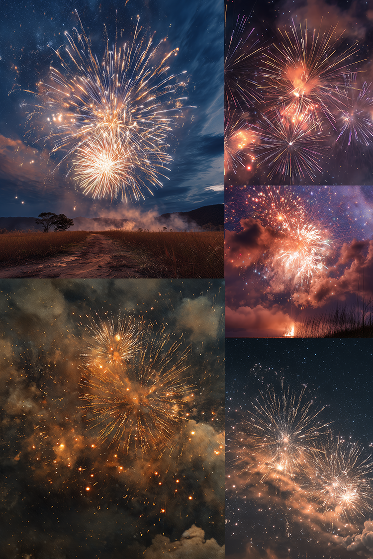 A six-panel collage of fireworks bursting in night skies, with warm gold, orange, pink, and white bursts against dark blue and purple clouds.