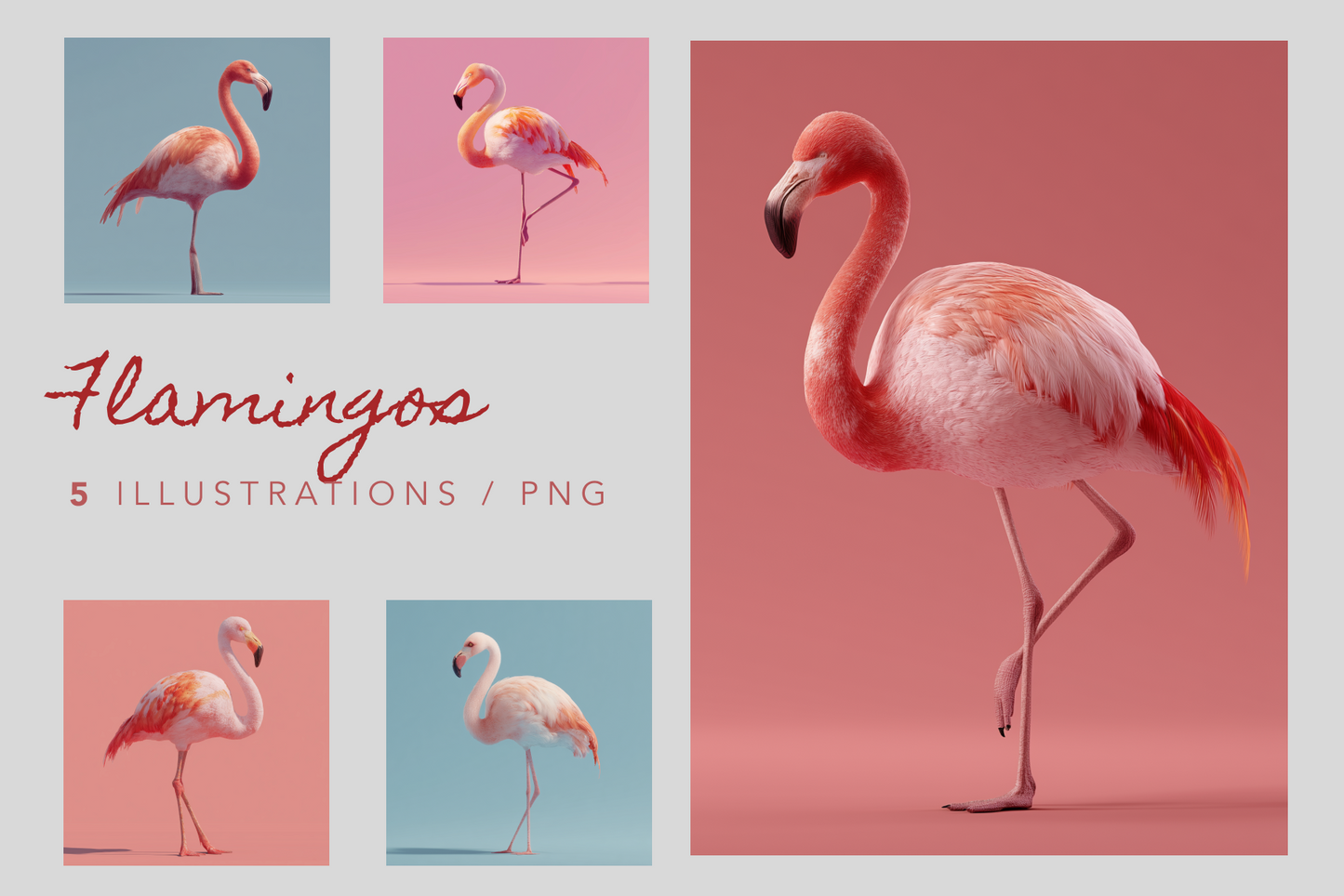 Set of flamingo illustrations on a gradient background with 'Flamingos' text.