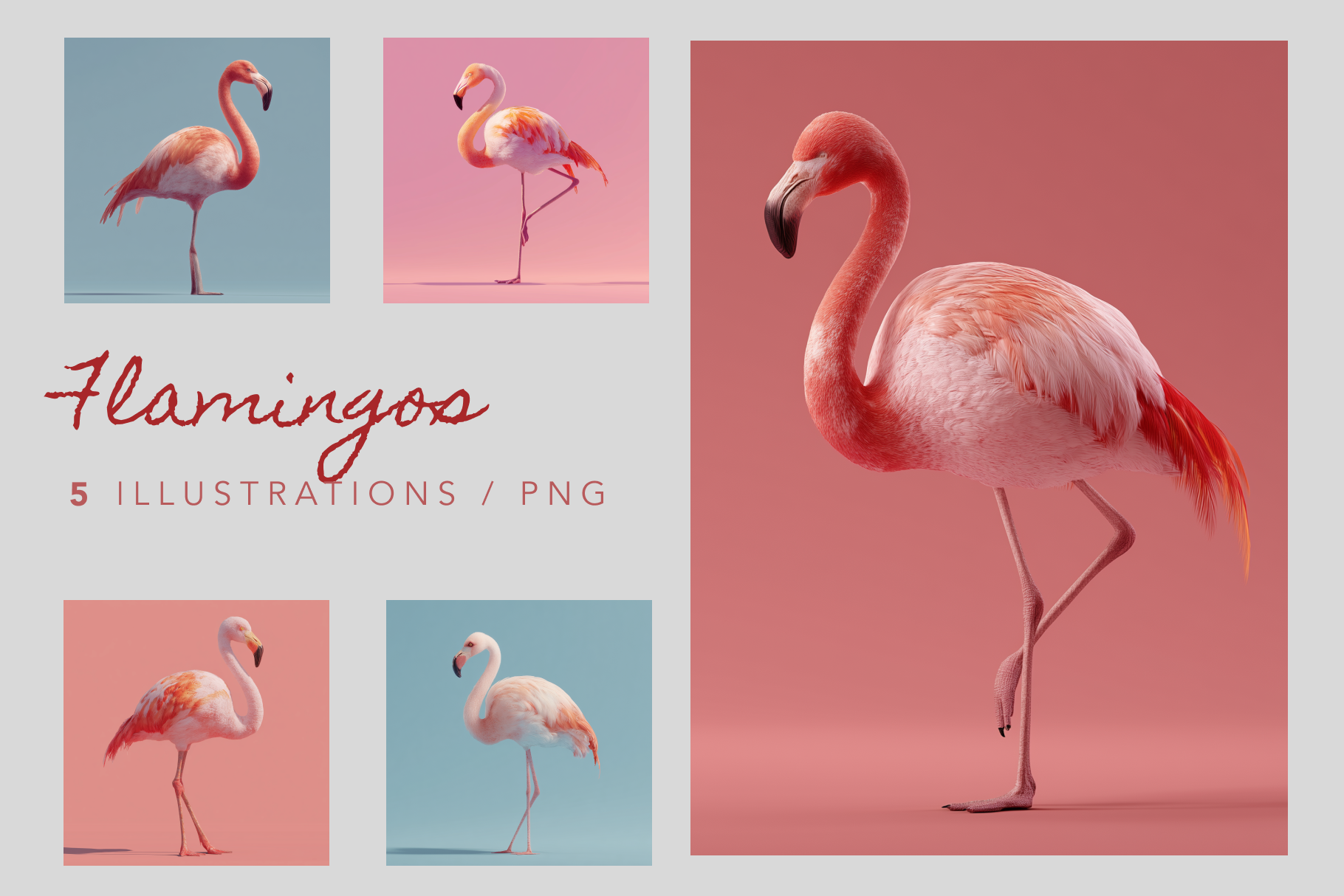 Set of flamingo illustrations on a gradient background with 'Flamingos' text.
