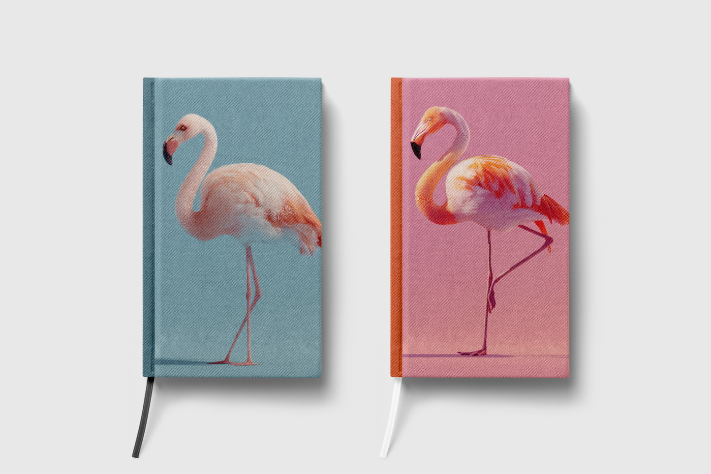 Two notebooks with flamingo designs on a light gray background