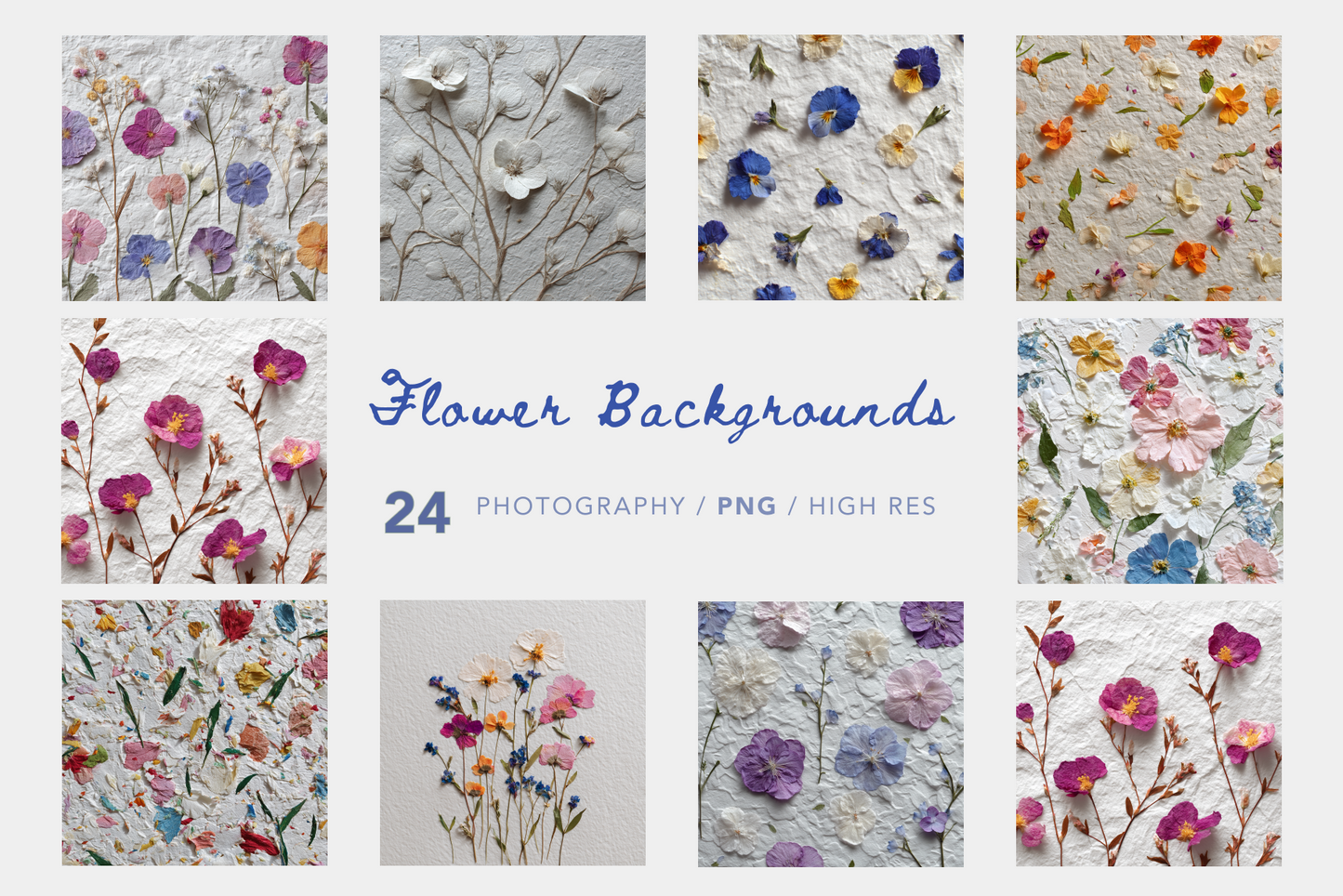 Collection of floral patterns with text indicating 'Flower Backgrounds' and product details.