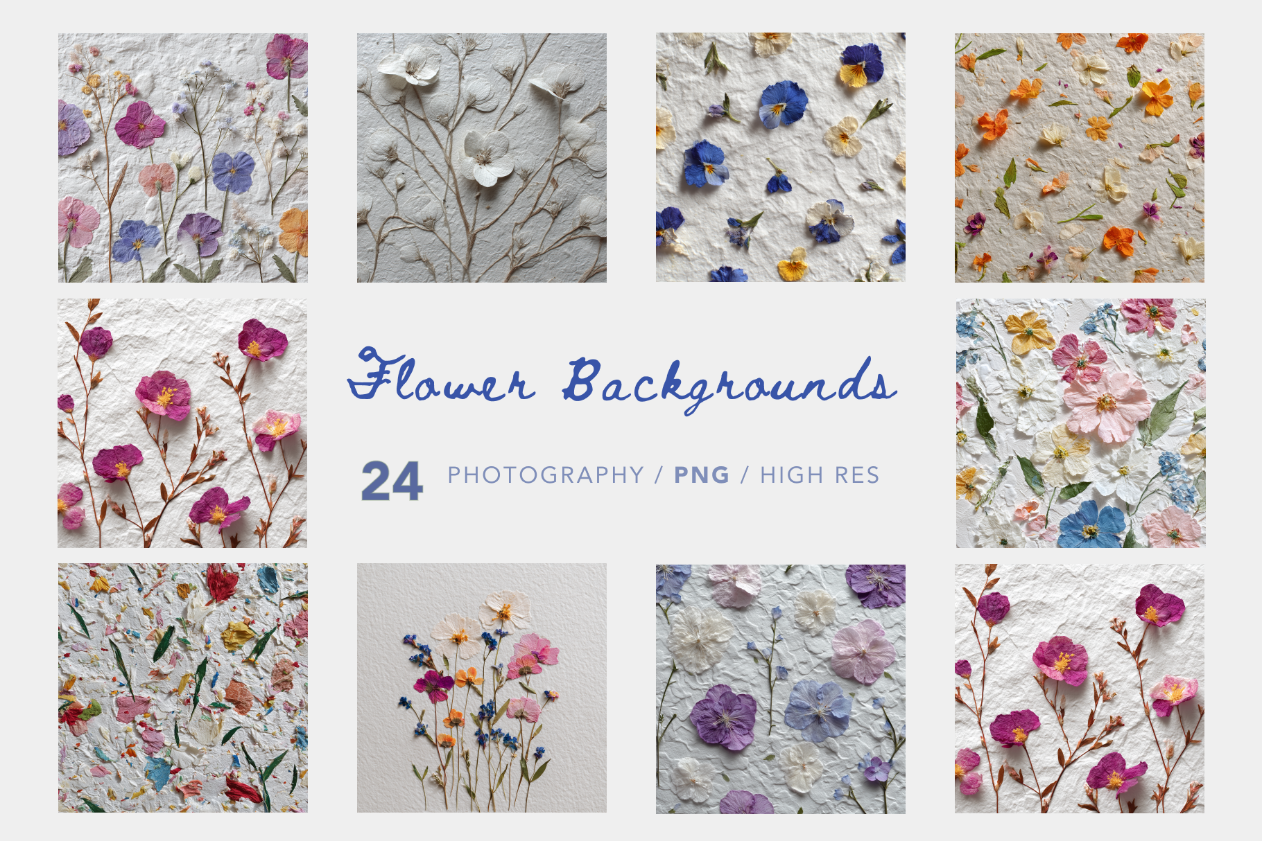 Collection of floral patterns with text indicating 'Flower Backgrounds' and product details.