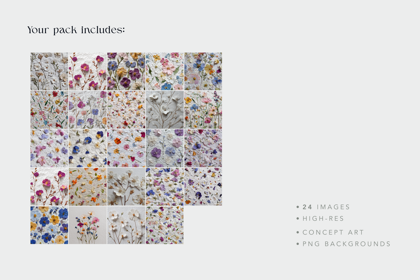 Collage of floral patterns with text indicating contents on a light gray background