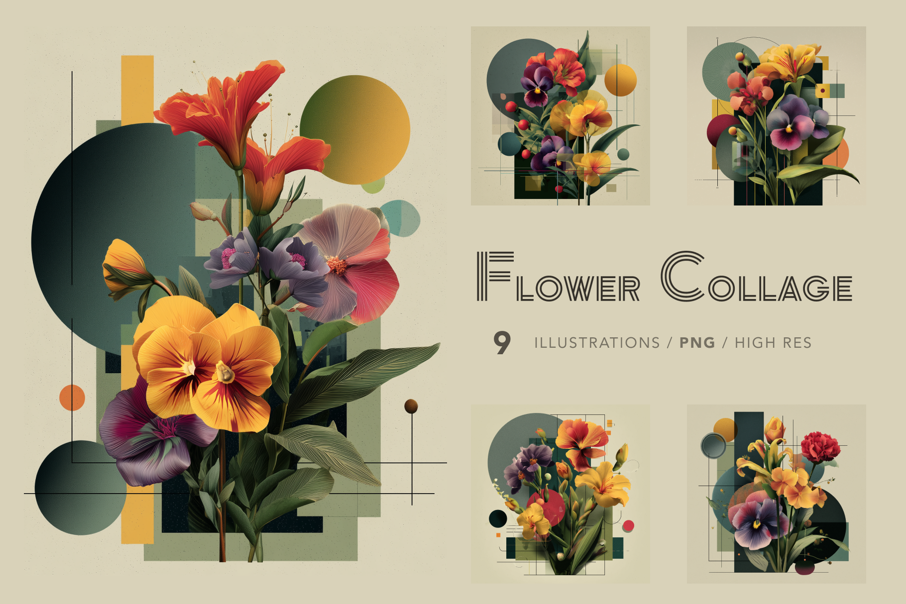 Flower collage with colorful flowers and geometric shapes on a beige background.