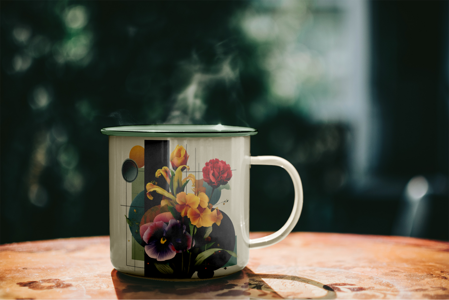Floral-patterned mug on a wooden table with a blurred green background