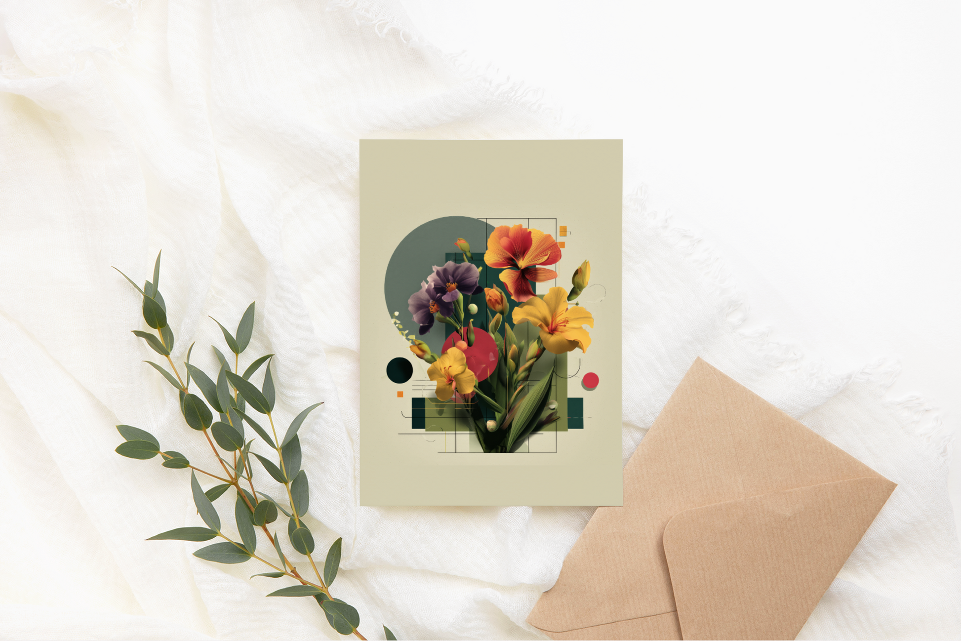 Floral card with a brown envelope on a textured white surface
