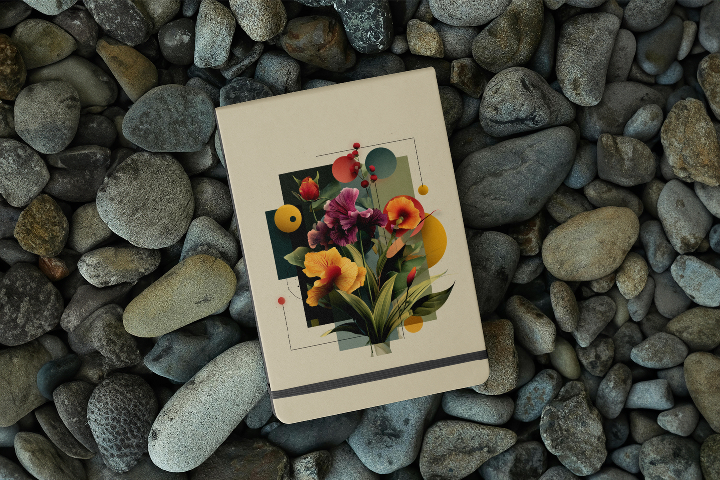 Card with floral design on pebbles