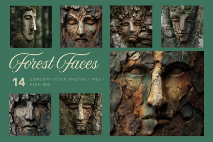 Promotional graphic for 'Forest Faces' stock photos with stone face sculptures.
