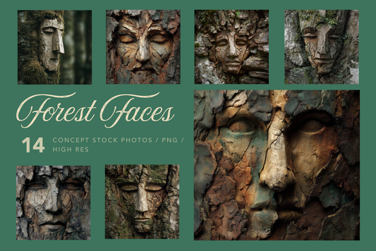 Promotional graphic for 'Forest Faces' stock photos with stone face sculptures.