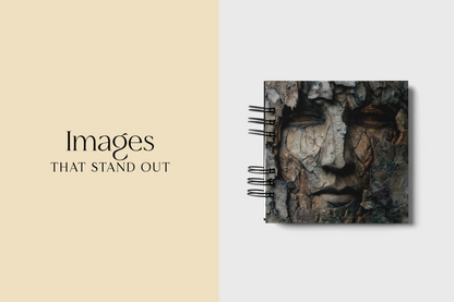 Notebook with a textured cover on a light gray background, featuring the text 'Images THAT STAND OUT'.