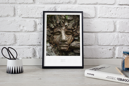 Framed artwork of a stone face on a white brick wall background